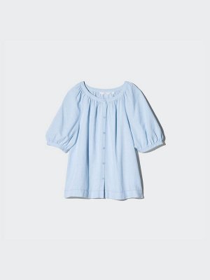 UNIQLO - блуза с объемными рукавами из смесового льна - 01 OFFWHITE