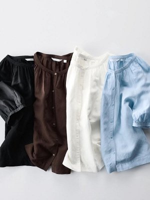 UNIQLO - блуза с объемными рукавами из смесового льна - 01 OFFWHITE