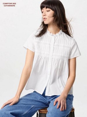 UNIQLO x Comptoir des Cotonniers - хлопковая блуза с оборками - 01 OFFWHITE