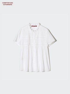 UNIQLO x Comptoir des Cotonniers - хлопковая блуза с оборками - 01 OFFWHITE