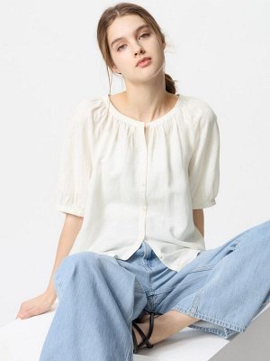 UNIQLO - блуза с объемными рукавами из смесового льна - 01 OFFWHITE