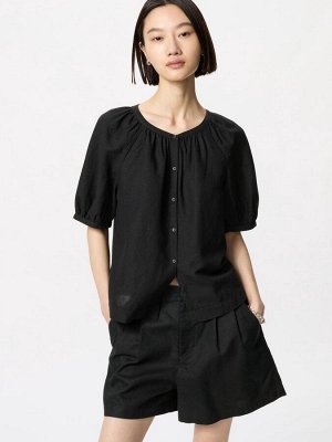 UNIQLO - блуза с объемными рукавами из смесового льна - 09 BLACK