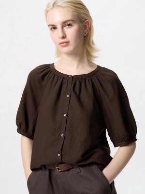 UNIQLO - блуза с объемными рукавами из смесового льна - 38 DARKBROWN