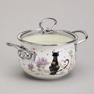Эмалированная кастрюля с стеклянной крышкой "Lavander Cats", 1.5 л, диаметр 16 см, 1 шт.