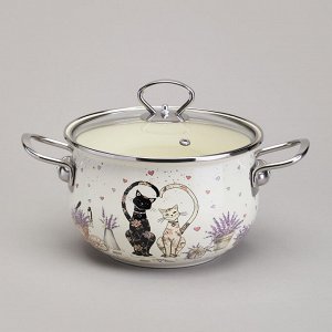 Эмалированная кастрюля с стеклянной крышкой 2,8 л, серия "Lavander Cats", диаметр 20 см, 1 шт.