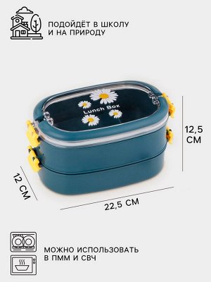 Ланч-бокс в школу, контейнер для еды, 1.6 л, с приборами, 2 уровня, 22.5?12.5?12 см, пластик, синий