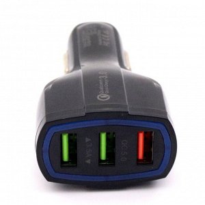 Зарядное устройство в прикуриватель USB Car Charger, 12/24В, 3хUSB (5В/3.1А, 9В/2.2А, 12В/1.8А), с функцией быстрой зарядки Quick Charge 3.0, с подсветкой, арт. TE-330 bl