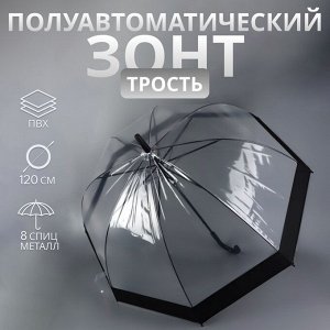 Зонт - трость полуавтоматический «Кант», 8 спиц, R=43/60 см, D = 86 см, чёрный, прозрачный