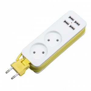 Удлинитель электрический, 1,5м., 4 USB (2,1A) + 2 гнездa, серии Travel,10A, без заземления,  Белый с салатовым. S-CT2-1,5U WHITE/GREEN