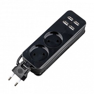 Удлинитель электрический 1,5м., 2 гнездa, 4 USB (2,1A), серии Travel, 10A, без заземления,  Черный. S-CT2-1,5U BLACK