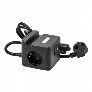 Удлинитель электрический 1,5м, 2 гнезда, 3 USB, серии Standard, с заземлением, 16А, держатель для телефона, с функцией ночника/подсветки. Черный. S-GCD2-1,5SBUH BLACK
