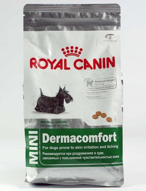 Royal Canin  MINI DERMACOMFORT (МИНИ ДЕРМАКОМФОРТ)
Питание для собак мелких размеров при раздражениях и зуде, связанных с чувствительностью кожи в возрасте от 10 месяцев и старше