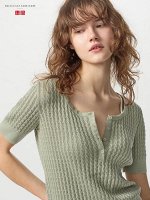 UNIQLO x Princesse Tam Tam - хлопковый свитер с воротником-хенли и короткими рукавами - 51 GREEN