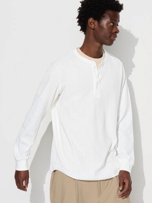 UNIQLO - вафельная кофта унисекс с пуговицами на вырезе - 01 OFFWHITE