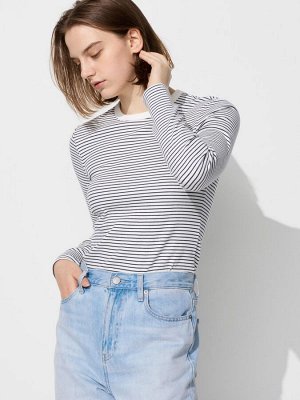 UNIQLO - лонгслив из ребристого хлопкового материала в полоску - 01 OFF WHITE