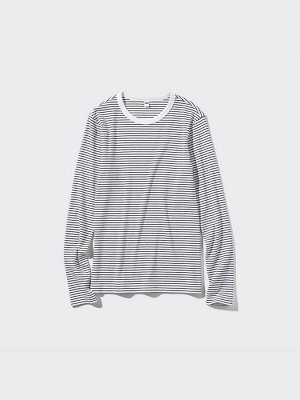 UNIQLO - лонгслив из ребристого хлопкового материала в полоску - 01 OFF WHITE