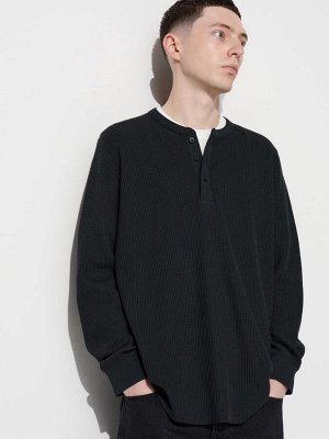 UNIQLO - вафельная кофта унисекс с пуговицами на вырезе -  09 BLACK