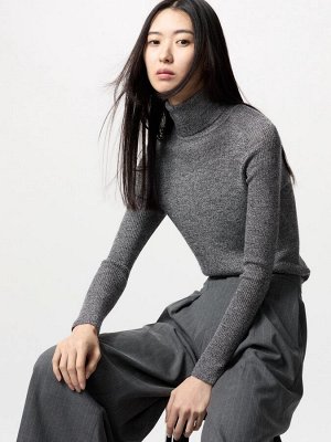 UNIQLO - свитер с высоким воротником в рубчик из шерсти мериноса - 06 GRAY
