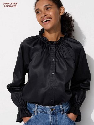 UNIQLO - атласная рубашка с оборками - 09 BLACK