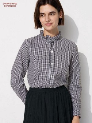 UNIQLO - хлопковая рубашка с оборкой на воротнике - 09 BLACK