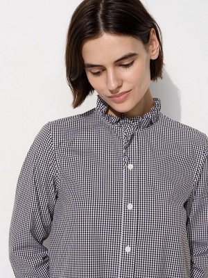 UNIQLO - хлопковая рубашка с оборкой на воротнике - 09 BLACK