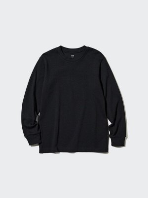 UNIQLO - хлопковая однотонная кофта с круглым вырезом - 09 BLACK