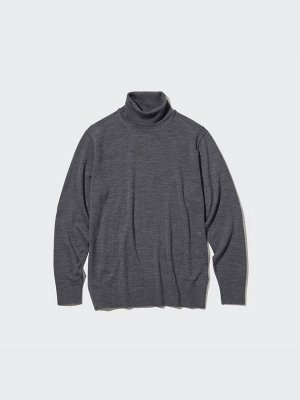 UNIQLO - тонкий свитер из шерсти мериноса с высоким воротником - 01 OFF WHITE