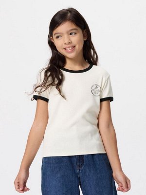 UNIQLO - мягкая футболка с контрастной отделкой для девочек - 01 OFFWHITE