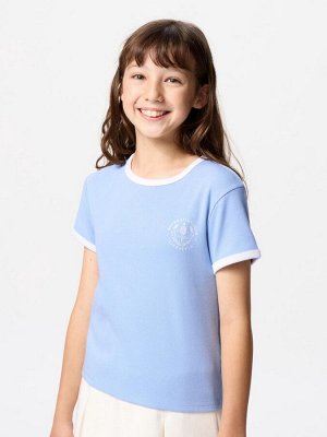 UNIQLO - мягкая футболка с контрастной отделкой для девочек - 60 LIGHTBLUE