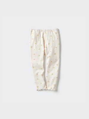 UNIQLO - леггинсы с цветочным принтом и с рюшами на штанине - 01 OFFWHITE