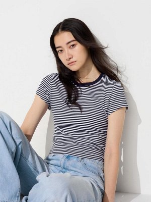 UNIQLO - укороченная футболка в мелкую полоску - 69 NAVY