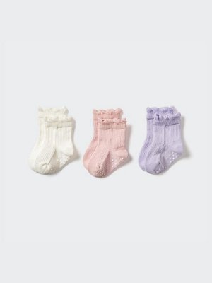 UNIQLO - короткие носочки с противоскользящим покрытием для малышей (3 пары) - 11 PINK