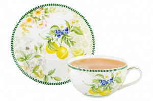 Чашка для капучино с блюдцем 350 мл "Лимоны" из фарфора NEW BONE CHINA
