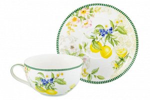 Чашка для капучино с блюдцем 350 мл "Лимоны" из фарфора NEW BONE CHINA
