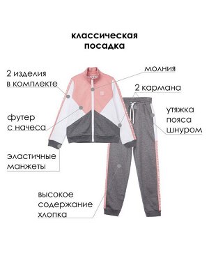 Комплект трикотажный для девочек: толстовка, брюки серый,белый,светло-розовый
