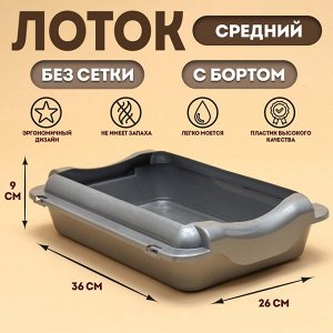 Туалет средний с бортом 36 х 26 х 9 см, лоток+борт серебро