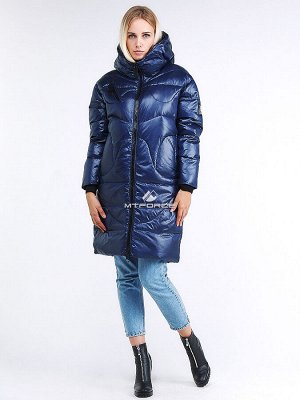 Женская зимняя молодежная куртка с капюшоном темно-синего цвета