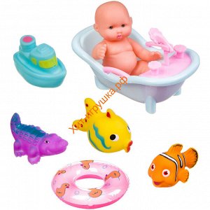 Набор игрушек для купания (пупс, ванночка, круг, рыбки, крокодил, катер) ВВ3366, ВВ3366