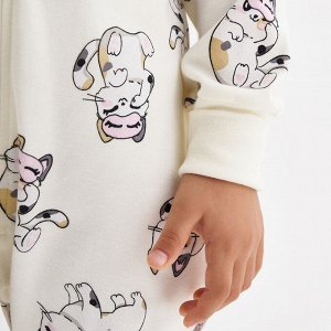 Комбинезон для сна для девочки, молочный набивка кошечки