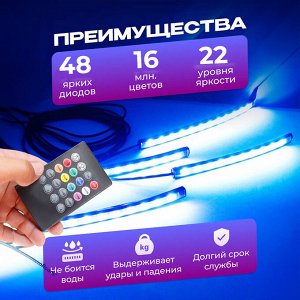 Светодиодная RGB подсветка для салона авто, 4 лампы по 12 светодиодов