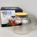 Чайник 1000мл, жаропрочное стекло, н/с, Бамбук 1/18