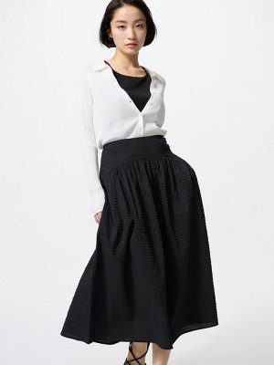 UNIQLO - объемная юбка-макси из ткани сирсакер, укороченная длина  - 09 BLACK