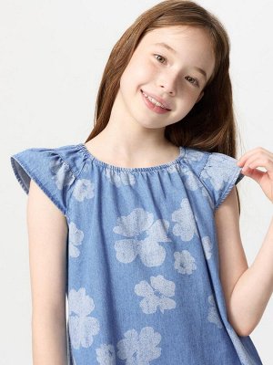 UNIQLO - джинсовое платье с цветочным дизайном и оборками на рукавах - 63 BLUE