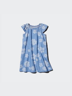 UNIQLO - джинсовое платье с цветочным дизайном и оборками на рукавах - 63 BLUE