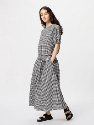 UNIQLO - объемная клетчатая юбка-макси из ткани сирсакер - 09 BLACK