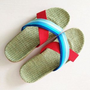 Льняные дышащие тапочки квест-накрест , голубые