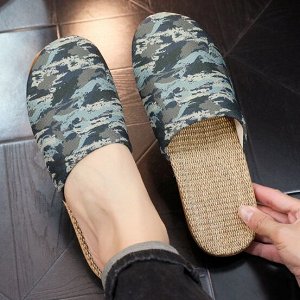 Льняные тапочки с закрытым носком с принтом, серый