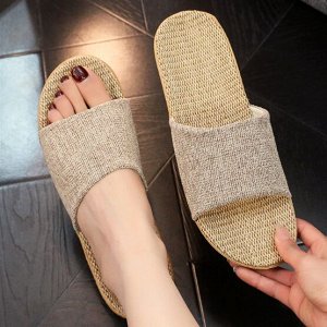 Льняные тапочки с открытым носком с мягкой подошвой, кофе