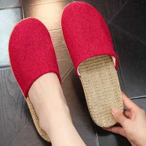 Льняные тапочки с закрытым носком с мягкой подошвой, красные