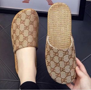 Льняные тапочки с закрытым носком с мягкой подошвой с рисунком, кофе